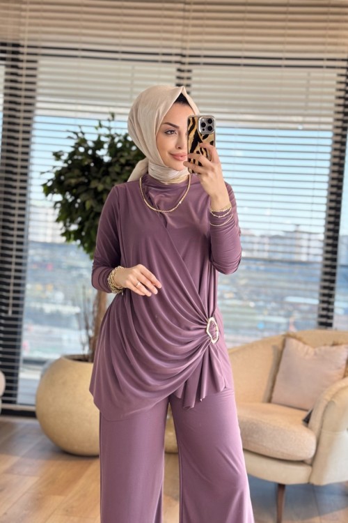 4225 Yanı Toka Büzgülü Pantolonlu Takım Gül