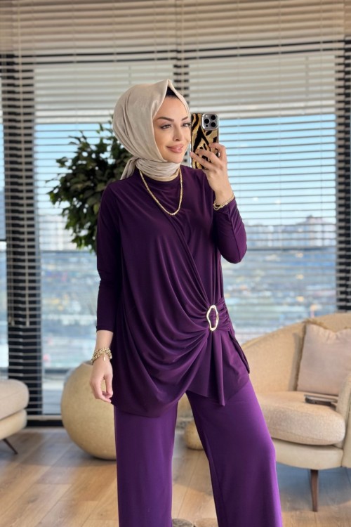 4225 Yanı Toka Büzgülü Pantolonlu Takım Mürdüm