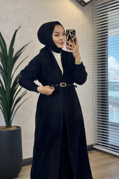 423 Kemerli Uzun Angora Hırka Siyah