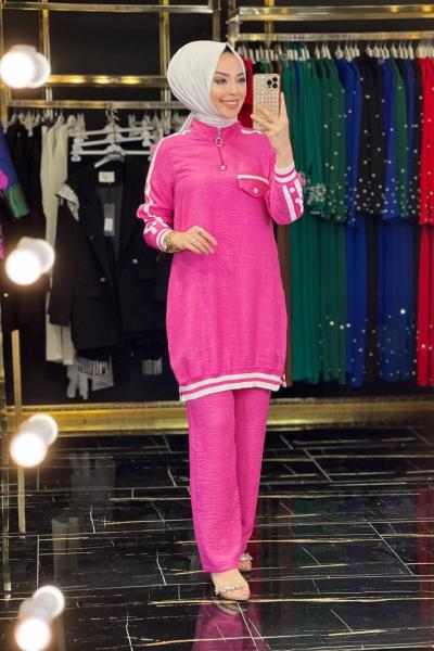 4231 Omuz Kollar Şerit Ve Düğme Detaylı Takım Fuşya