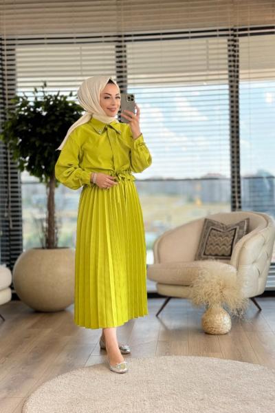 4233 Yaka Ucu Taş İşlemeli Takım Yağ Yeşili