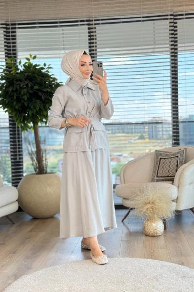 4252 Beli Bağcıklı İki Cepli Takım Gri