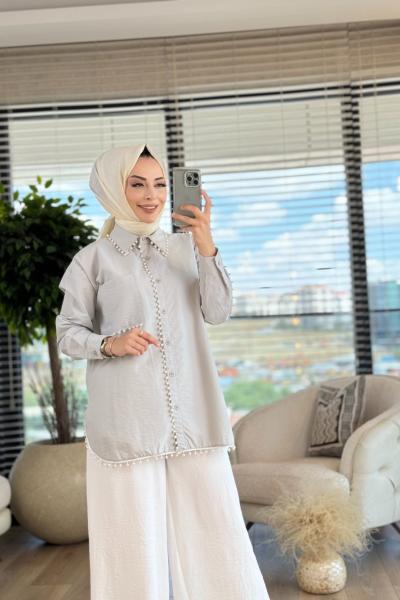 4260 Etek Yaka Ve Patı İnci İşlemeli Tunik Gri
