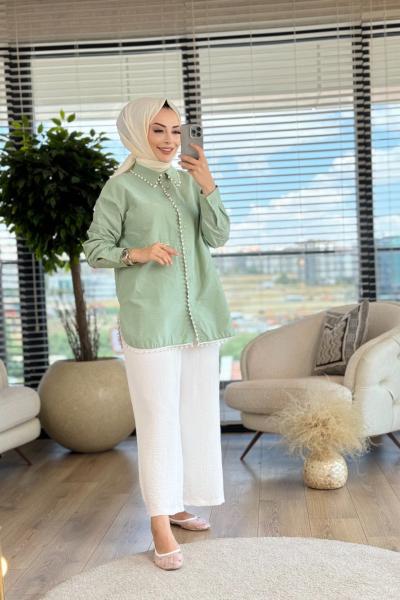4260 Etek Yaka Ve Patı İnci İşlemeli Tunik Mint