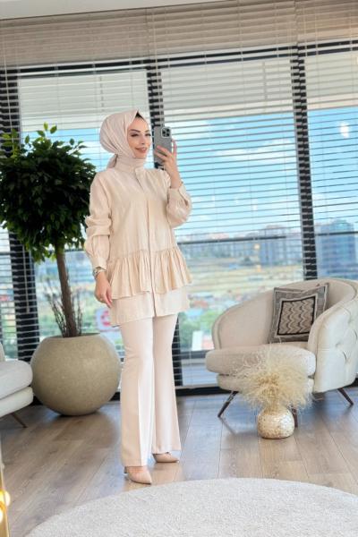4261 Eteği Fırfır Ve Taş Detaylı Tunik Krem