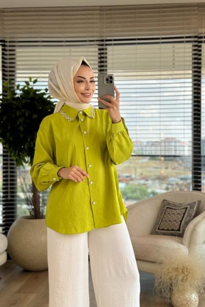 4263 Yaka Kenarı İnci Nakışlı Tunik Yeşil