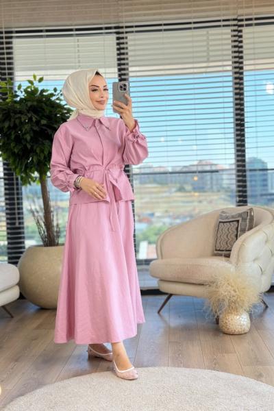 4265 Sedef Yaka Taşlı Takım Gül