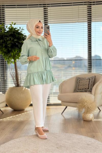 4268 Ön İki Kat Fırfır Üstü Taşlı Tunik Mint