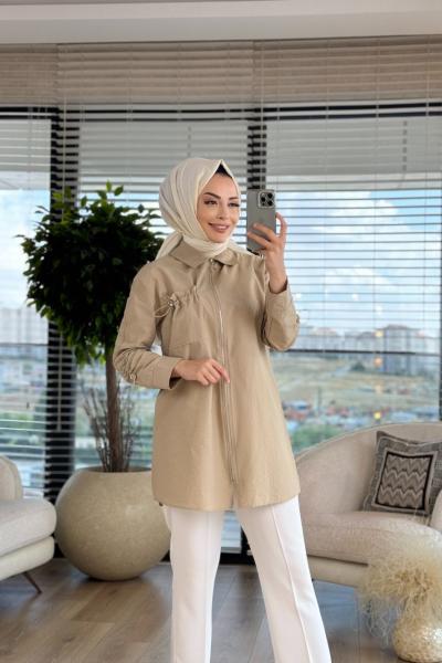 4274 Önü Fermuarlı Ve Tek Cepli Tunik Bej