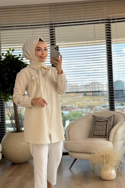 4274 Önü Fermuarlı Ve Tek Cepli Tunik Ekru