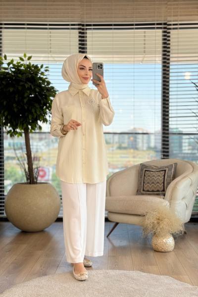 4276 Sağ Göğüs İnci İşlemeli Tunik Ekru
