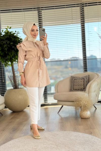 4282 Mendil Yakalı İnci Ve Taş İşlemeli Tunik Bej