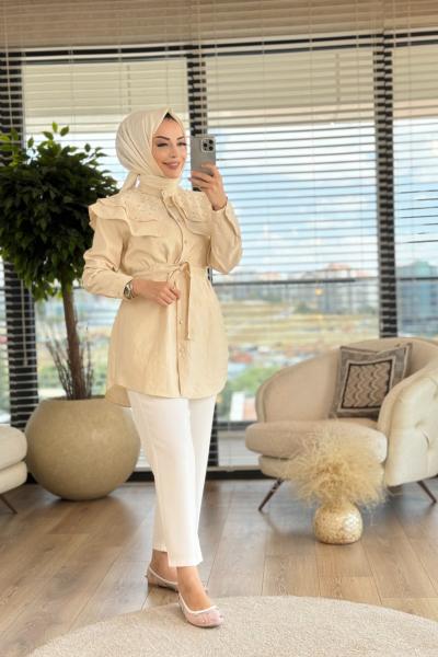 4282 Mendil Yakalı İnci Ve Taş İşlemeli Tunik Ekru