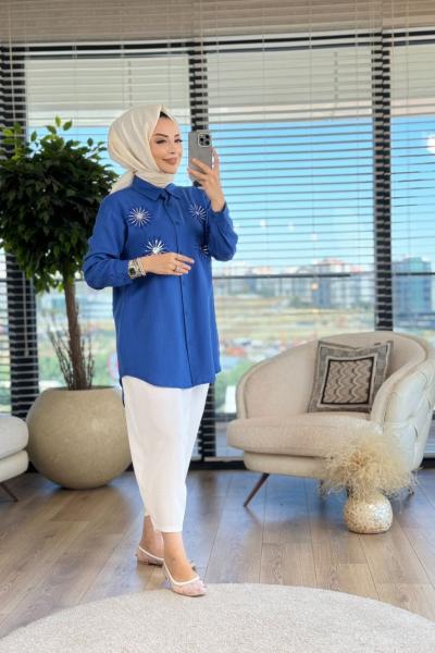 4283 Önü Boncuk Güneş İşlemeli Tencel Tunik İndigo
