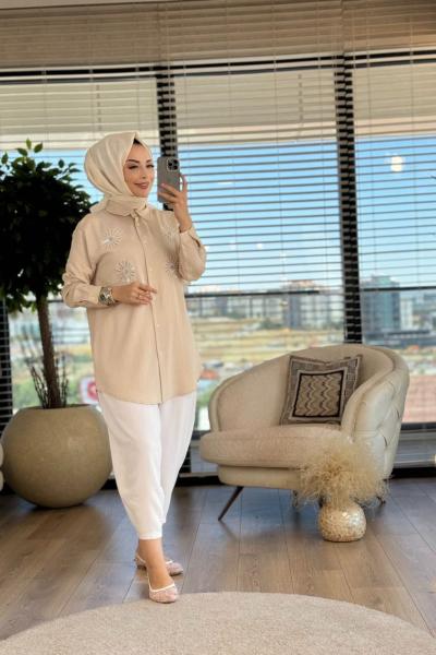 4283 Önü Boncuk Güneş İşlemeli Tencel Tunik Bej