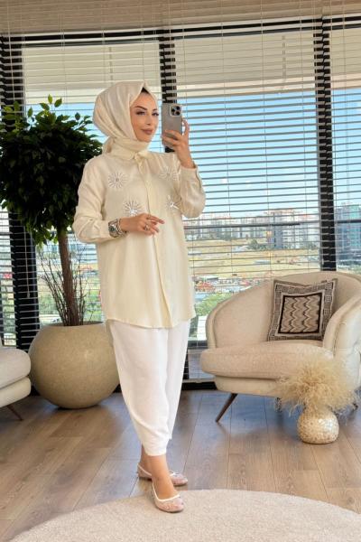 4283 Önü Boncuk Güneş İşlemeli Tencel Tunik Ekru