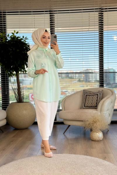 4283 Önü Boncuk Güneş İşlemeli Tencel Tunik Mint