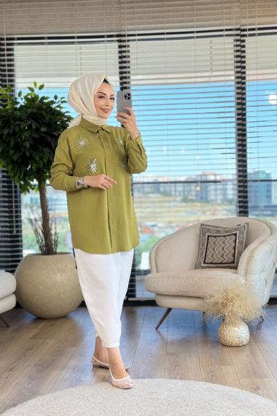 4283 Önü Boncuk Güneş İşlemeli Tencel Tunik Yağ Yeşili