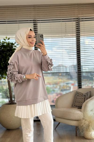 4284 Kol Fırfır Ve Şerit Taş Detaylı Tunik Taş