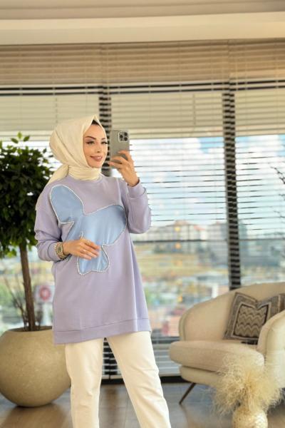 4298 Saten Yaprak Desen Parçalı Tunik Mavi