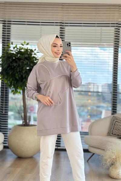 4298 Saten Yaprak Desen Parçalı Tunik Taş