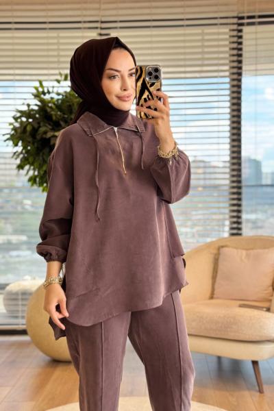 4300 Yaka Bağcık Patı Fermuarlı Tencel Takım Kahve