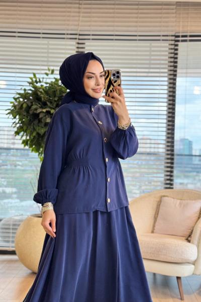 4301 Yanları Lastik Büzgülü Etekli Modal Takım Lacivert