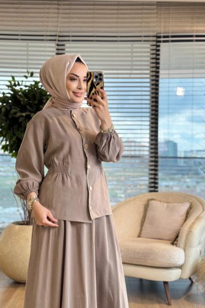 4301 Yanları Lastik Büzgülü Etekli Modal Takım Vizon