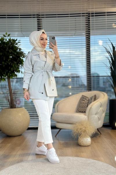 4305 Altı Metal Düğmeli Kısa Trenç Gri
