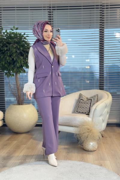 4322 Ön İnci İşli Yelekli Takım Mor