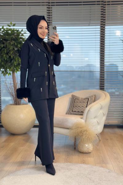 4322 Ön İnci İşli Yelekli Takım Siyah