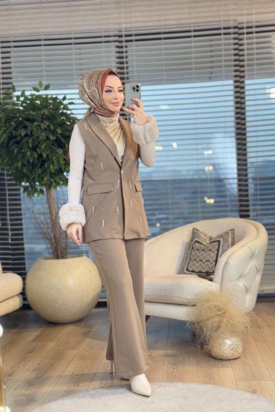 4322 Ön İnci İşli Yelekli Takım Haki