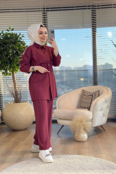 4342 Ön Parça Detaylı Bel Bağcıklı Takım Bordo