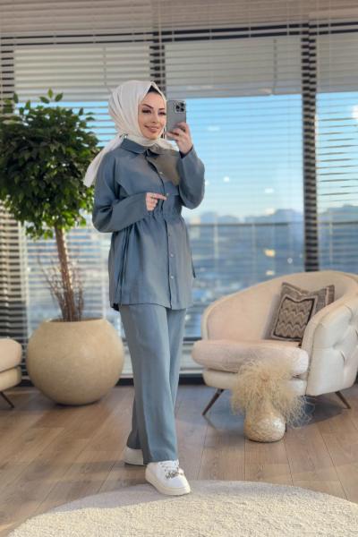 4342 Ön Parça Detaylı Bel Bağcıklı Takım Petrol