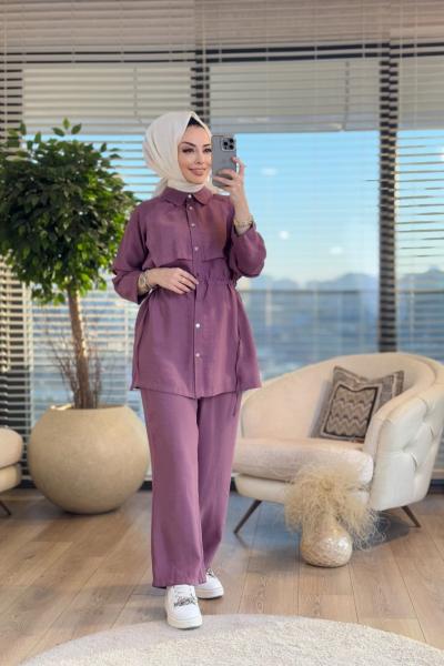 4342 Ön Parça Detaylı Bel Bağcıklı Takım Mürdüm