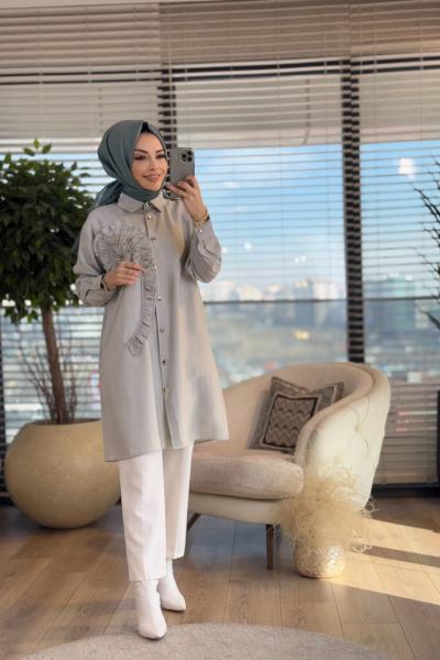 4344 Ön Büyük Çiçek Detaylı Uzun Tunik Taş