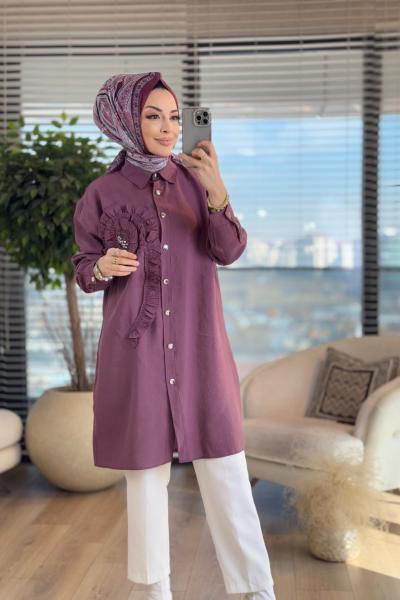 4344 Ön Büyük Çiçek Detaylı Uzun Tunik Bordo