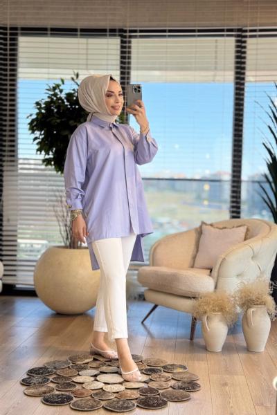 4345 Yanları Metal Düğmeli Uzun Gömlek Mavi