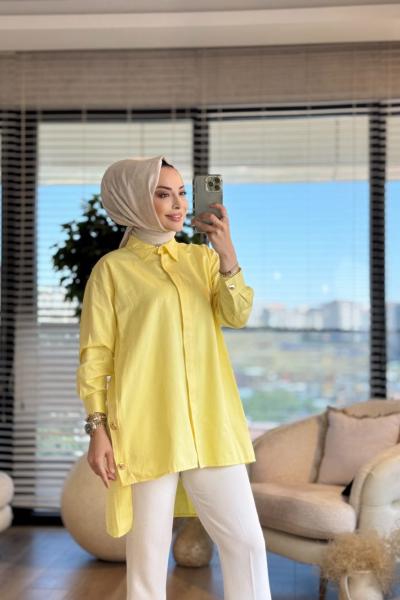 4345 Yanları Metal Düğmeli Uzun Gömlek Sarı