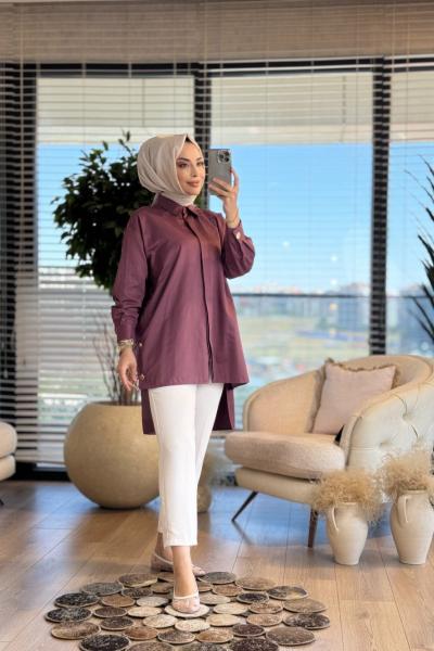 4345 Yanları Metal Düğmeli Uzun Gömlek Mürdüm