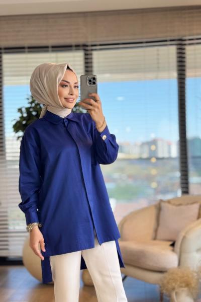 4345 Yanları Metal Düğmeli Uzun Gömlek Lacivert