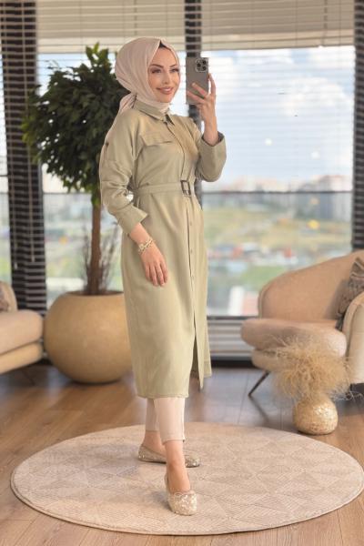 4368 Tencel Önden Düğmeli Uzun Tunik Çağla