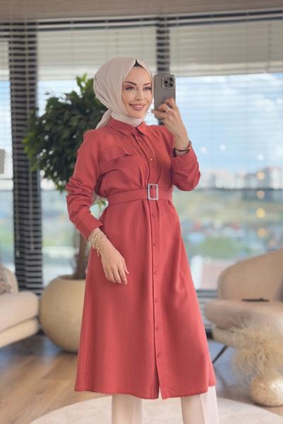 4368 Tencel Önden Düğmeli Uzun Tunik Kiremit