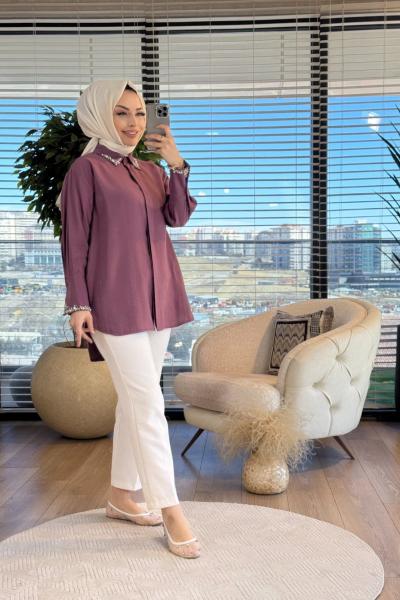 4372 Yaka Ve Kol Ucu Taş İşlemeli Gömlek Mürdüm