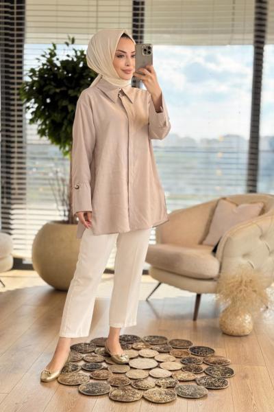 4375 Kalın Manşetli Gömlek Bej