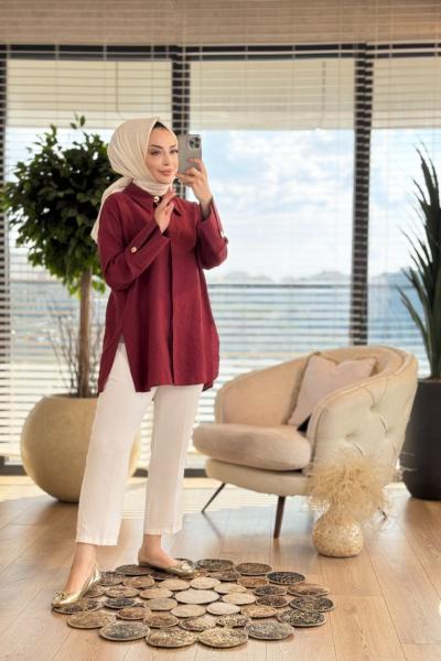 4375 Kalın Manşetli Gömlek Bordo