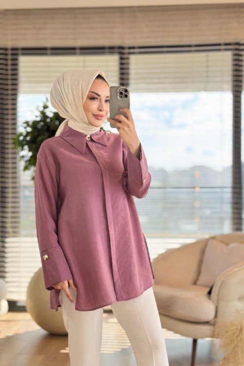 4375 Kalın Manşetli Gömlek Gül