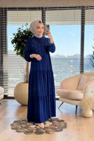 438 Fistolu Püskül Nervürlü Pat Düğmeli Elbise Lacivert
