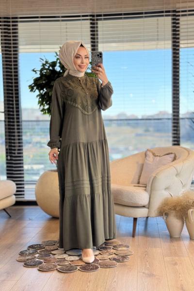438 Fistolu Püskül Nervürlü Pat Düğmeli Elbise Haki