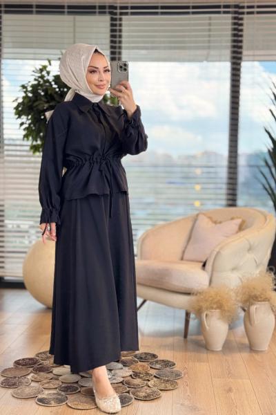 4382 Ön Ve Kolu Bağcıklı Etekli Takım Siyah